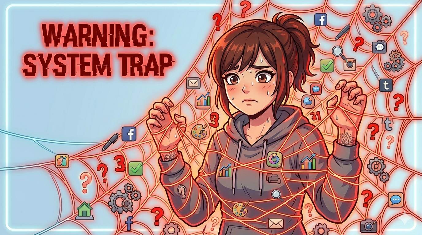 Anime style person trapped in web of too many tools – the tool trap mistake