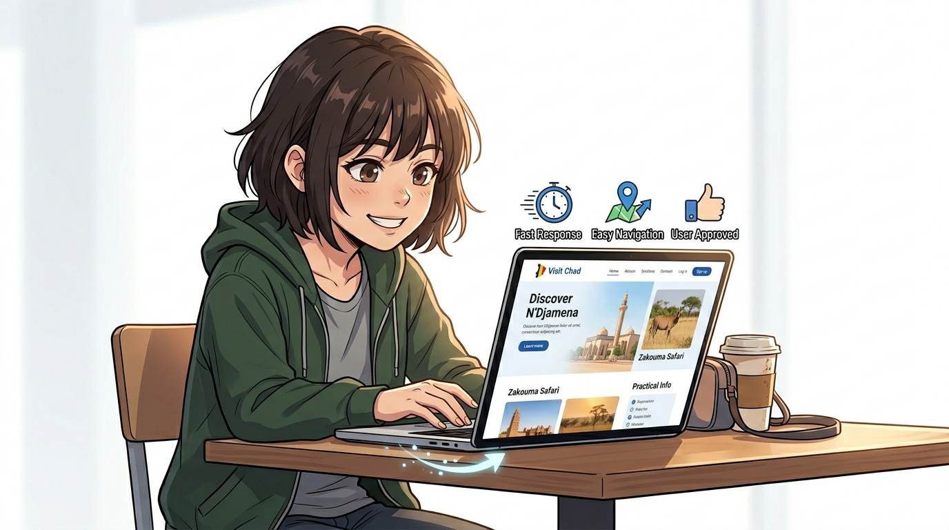 Anime style happy visitor using a clean, fast website – what is user experience