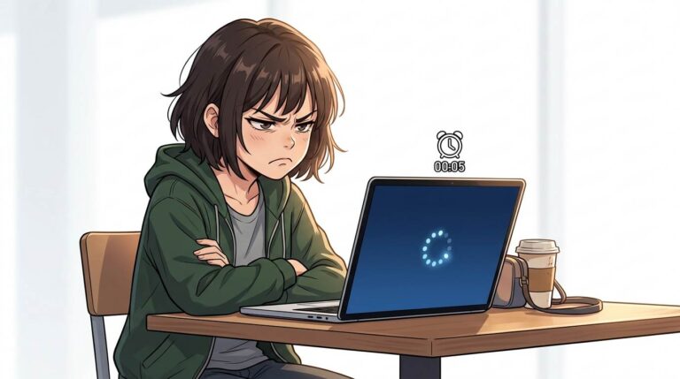 Anime style frustrated visitor waiting for slow loading website – bad user experience