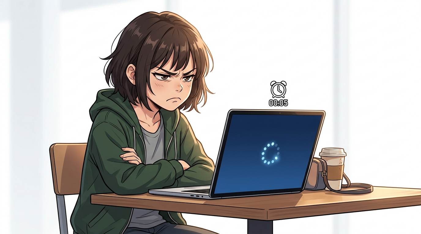 Anime style frustrated visitor waiting for slow loading website – bad user experience