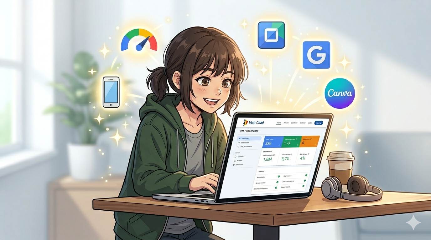 Anime style character with free UX tool icons – tools to audit user experience