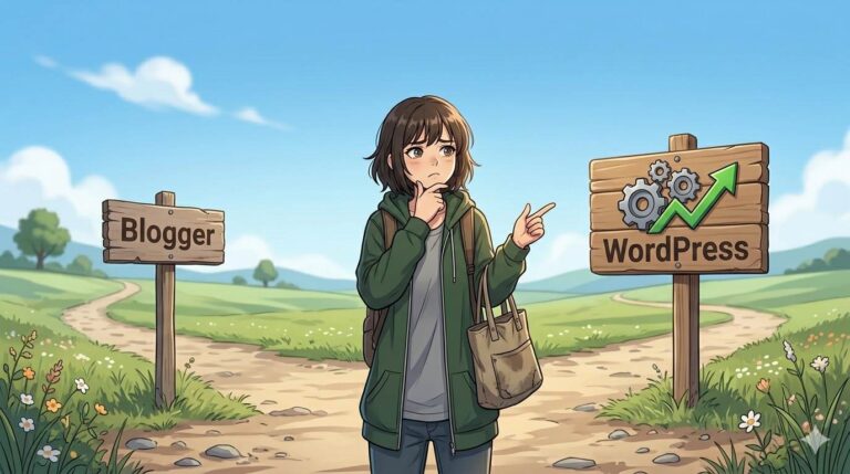 Anime style person at crossroads choosing between Blogger and WordPress – WordPress vs Blogger decision