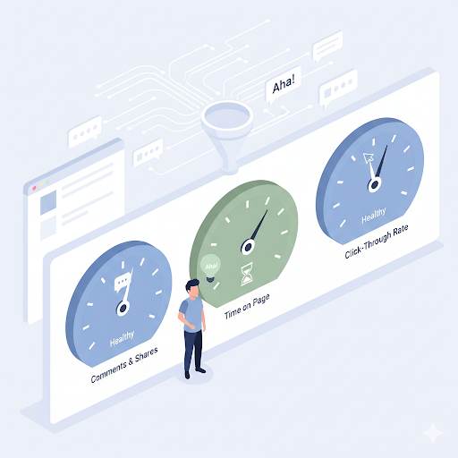 engagement metrics simple for beginners, showing complex data simplified into three clear dashboard gauges for instant understanding