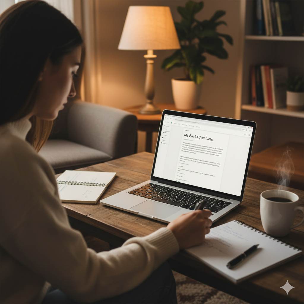 Beginner blogger writing their first blog post on Blogger