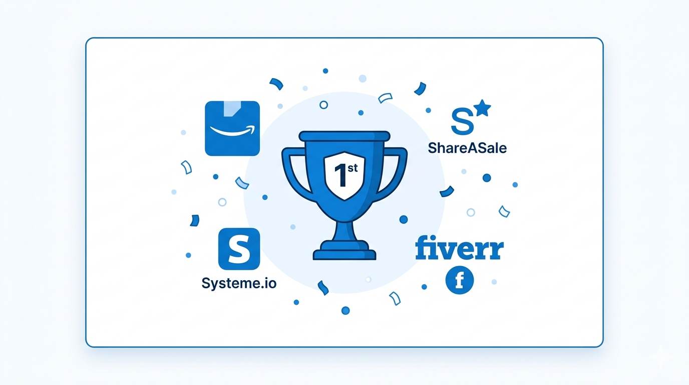 Flat design showing trophy icon with small logos of Amazon, ShareASale, Systeme.io, and Fiverr around it – best affiliate programs for beginners 2026