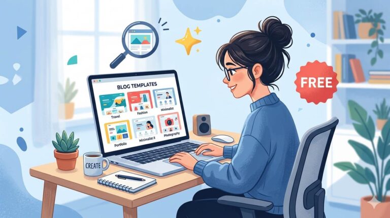 Person searching for free Blogger templates on laptop with magnifying glass and sparkle icons – how to find clean professional designs
