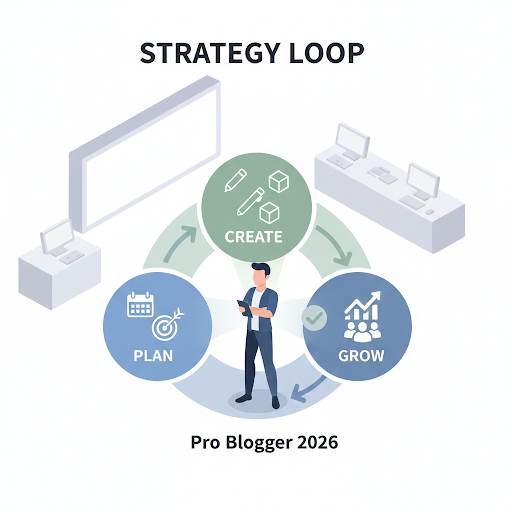 blog content strategy for 2026, showing a continuous loop of Plan, Create, and Grow phases managed like a pro