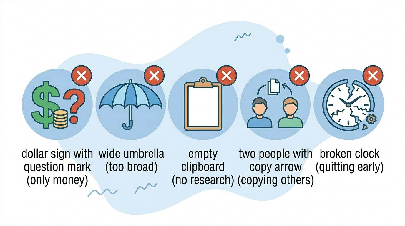 Five flat icons with red X: chasing money only, too broad, no research, copying others, quitting early – common blog niche mistakes