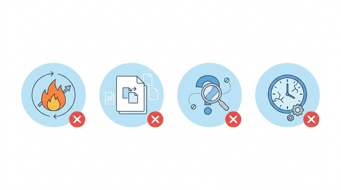Four flat icons with red X: chasing trends, copying others, no research, quitting early – blog niche mistakes to avoid