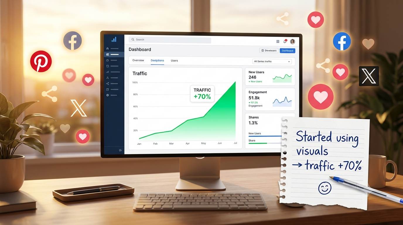 Dashboard screenshot showing website analytics: traffic increased by 70%, new users 246, engagement 51.8k, shares 1.3%. A handwritten note says: "Started using visuals → traffic +70%". Proof that visual content boosts blog growth.