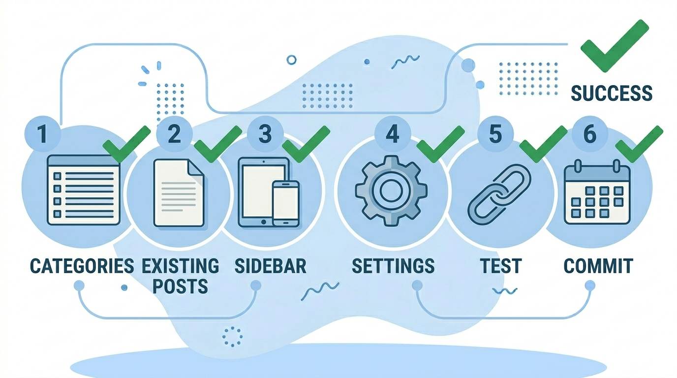 Flat checklist with 6 checked items β action plan for organizing categories in Blogger for SEO
