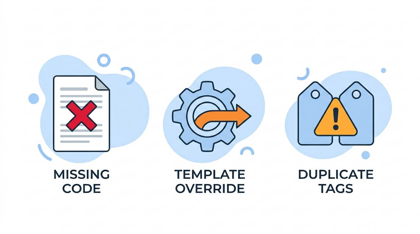 Three flat icons: missing code, template override, duplicate tags – why meta tags for Blogger break
