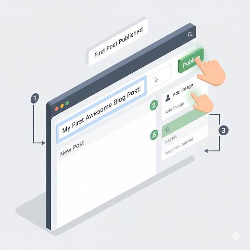 guide on writing your first Blogger new post, showing the clear process from adding a title to hitting the publish button