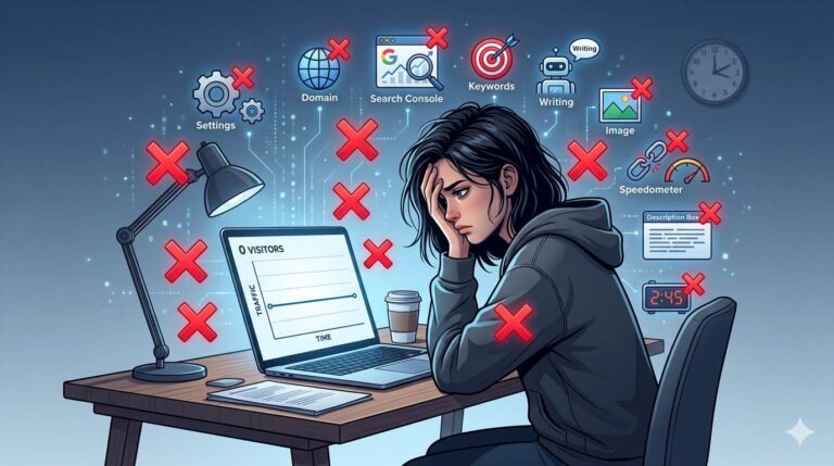 Frustrated blogger looking at empty traffic graph with 10 red X marks and mistake icons – 10 stupid mistakes killing traffic