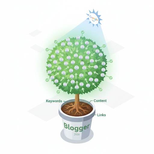 Blogger SEO optimization in 2026 for organic traffic growth without ads, shown as a healthy tree nurtured by SEO roots under the Google sun.