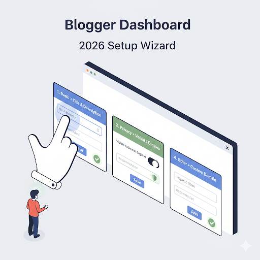 Blogger settings for beginners, highlighting four essential panels like SEO and privacy to configure for an optimal start
