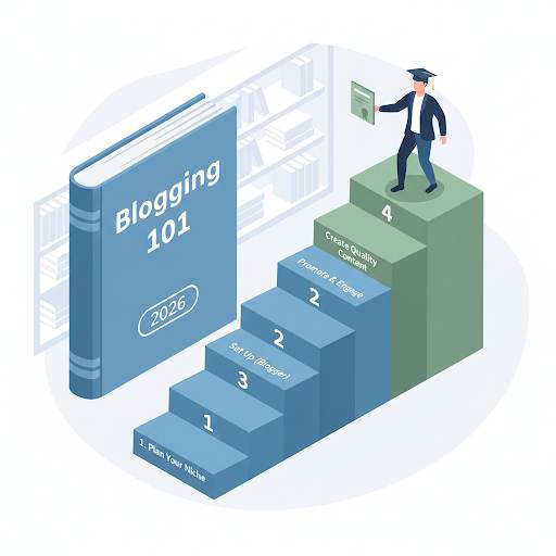 showing the right way to start a blog step-by-step as a solid staircase emerging from a textbook, leading to graduation