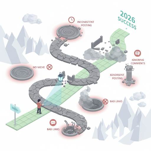 highlighting 15 blogging mistakes beginners must avoid, showing a path filled with traps and a safe detour to success