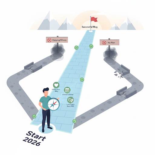 blogging tips for beginners, showing how to start the right way in 2026 using a compass of foundational advice to follow a straight path to success