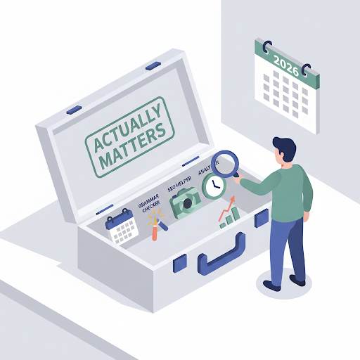 showcasing simple blogging tools for beginners that actually matter in 2026, featuring a curated toolbox with essential items like a content planner and SEO helper