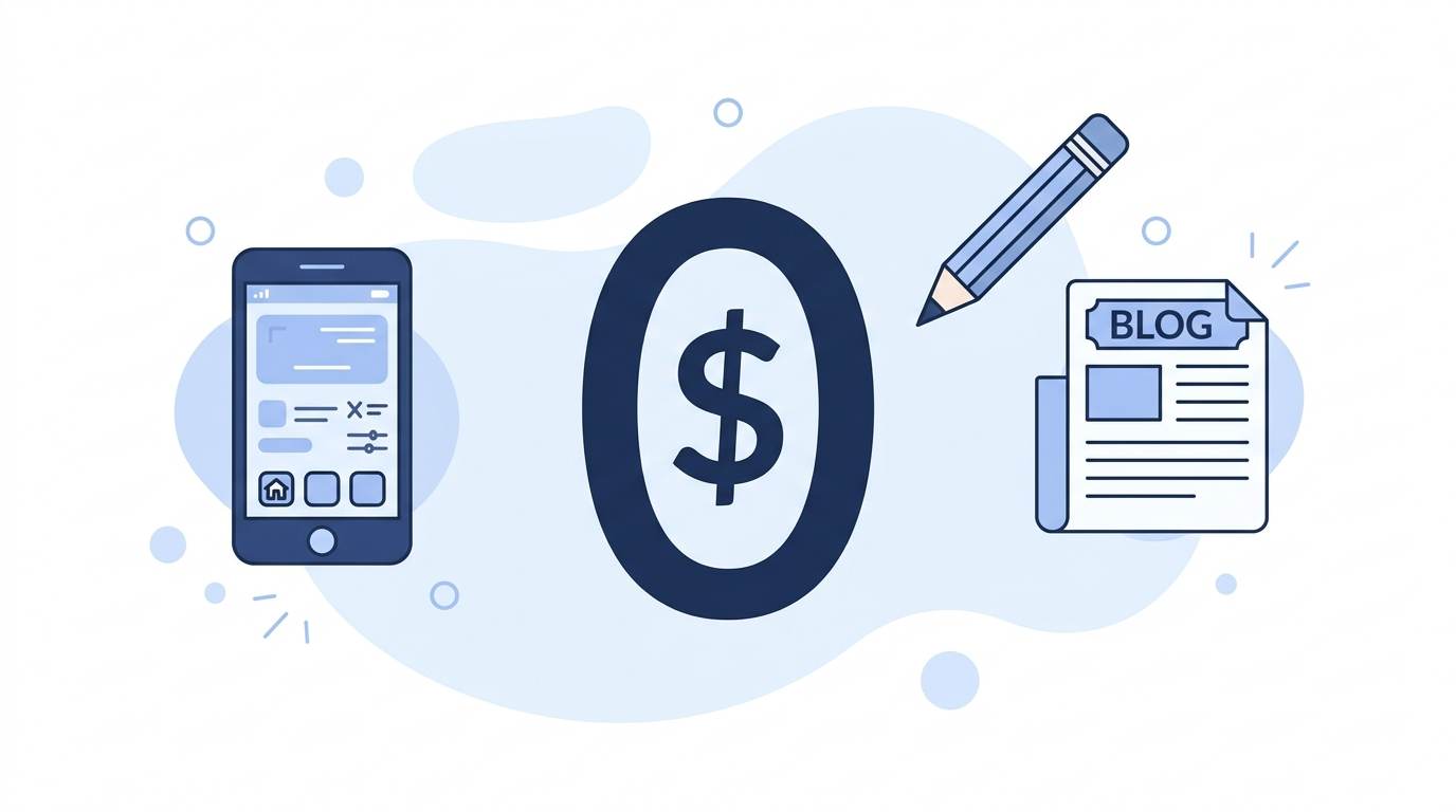 Flat design showing zero dollar sign with smartphone, pencil, and blog icon – blogging without a budget