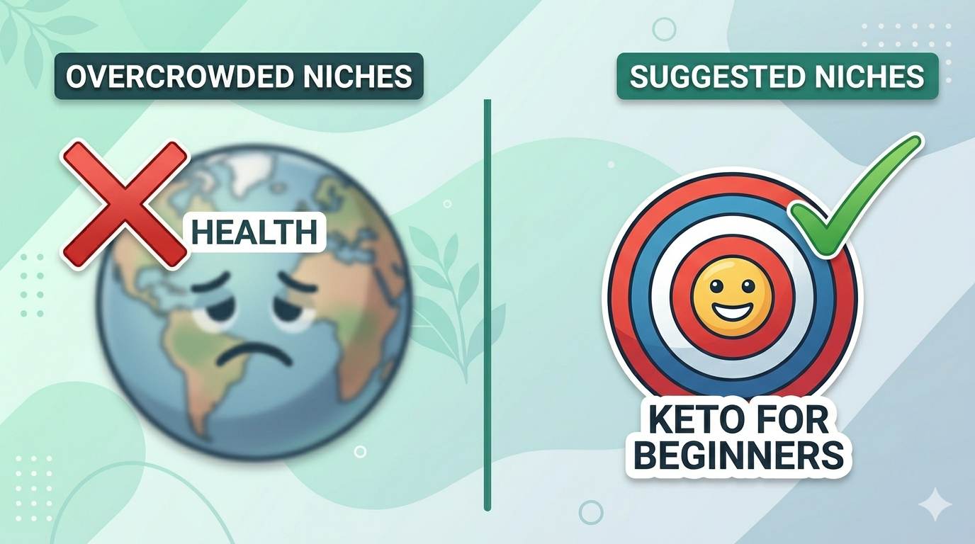 Comparison of broad niche "Health" (sad) vs specific niche "Keto for beginners" (happy checkmark).