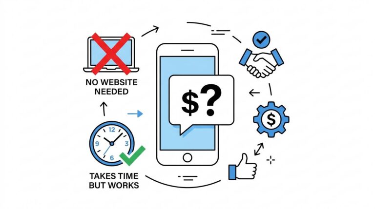 Flat design showing a smartphone with question mark and dollar sign, plus icons for no website needed and honest timeline
