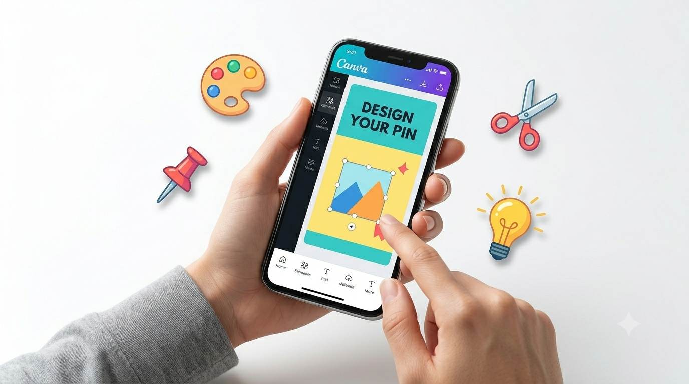 Person using Canva app on a mobile phone. Phone screen shows a simple drag-and-drop design template. Floating icons around the phone: paint palette, pin, scissors, lightbulb. Represents that bloggers don't need design skills to create visuals.