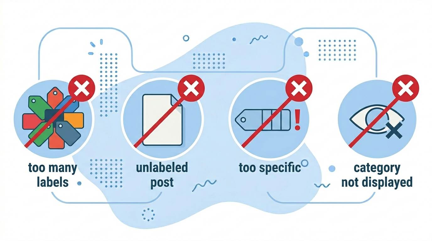 Four flat icons with red X: too many labels, unlabeled posts, overly specific names, hidden categories β common mistakes with categories in Blogger