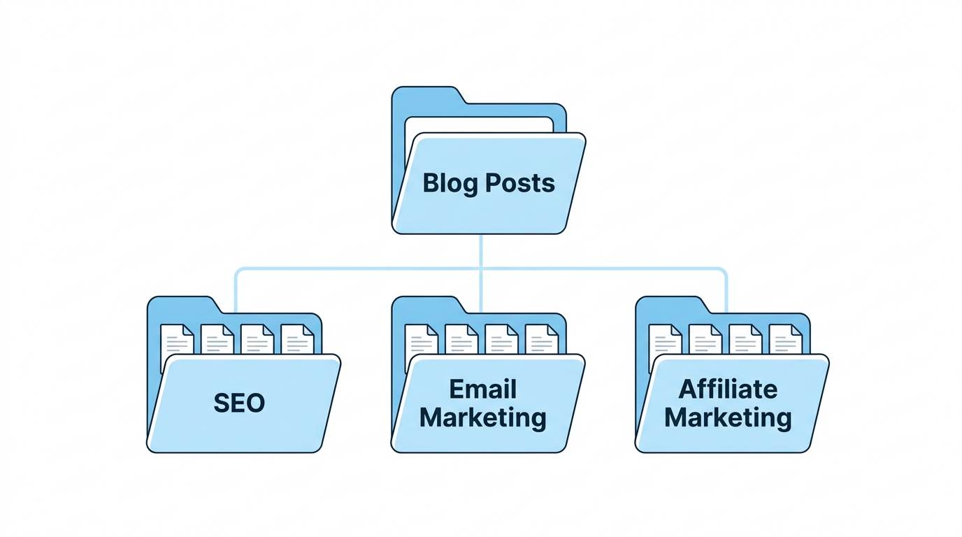 Flat digital folder structure showing Blog Posts opening into SEO, Email Marketing, and Affiliate Marketing folders β how categories work in Blogger