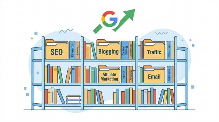 organized library shelves with labeled folders and Google logo with upward arrow – categories in Blogger for better SEO