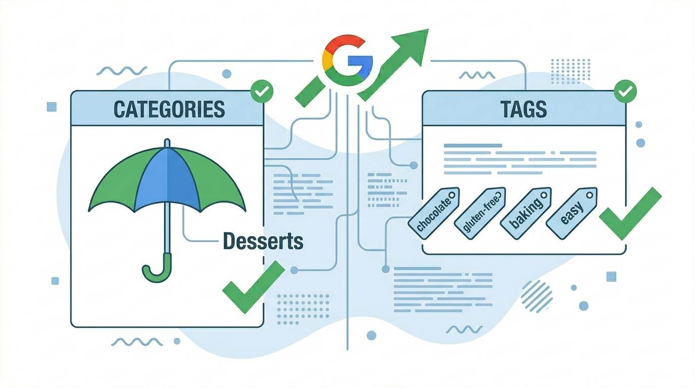 Flat comparison: broad categories umbrella icon vs small tags keywords β difference between categories and tags in Blogger