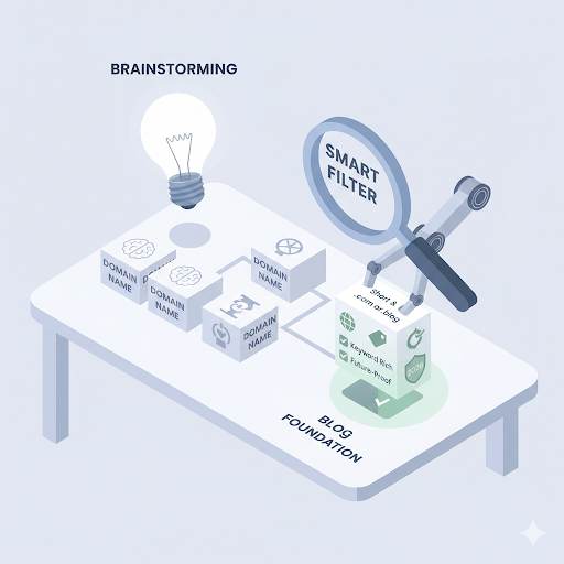choosing the right domain name for your blog, showing a selection process based on memorability, keywords, and future-proofing