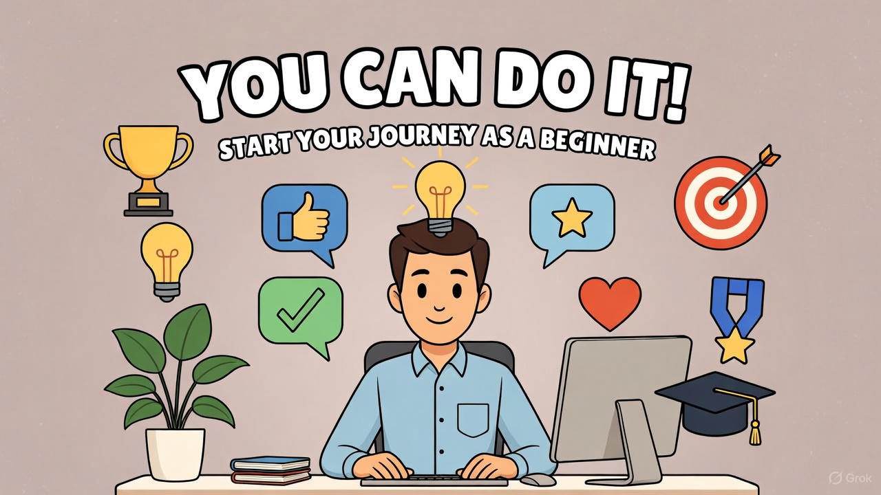 Motivational image of a beginner starting their content creation journey, with success icons like lightbulb, thumbs up, and trophy, encouraging persistence and celebration of small victories