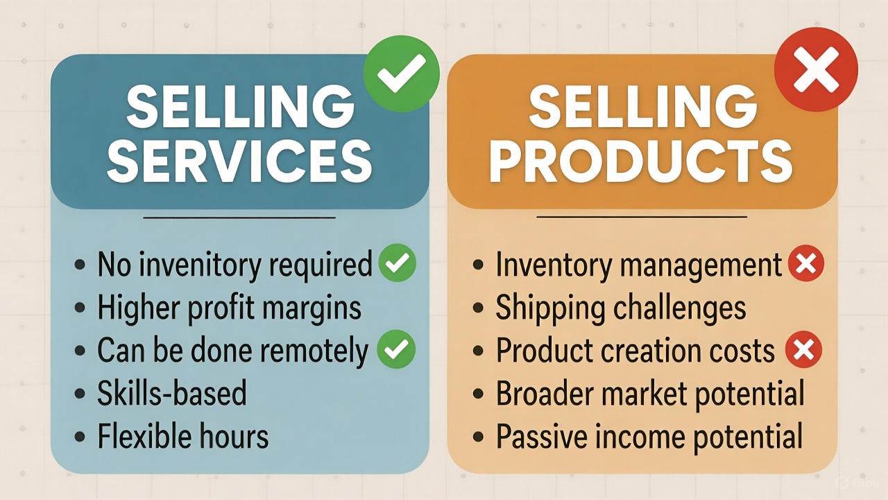 Infographic comparing selling services vs products online for beginners, including pros, cons, and examples for each
