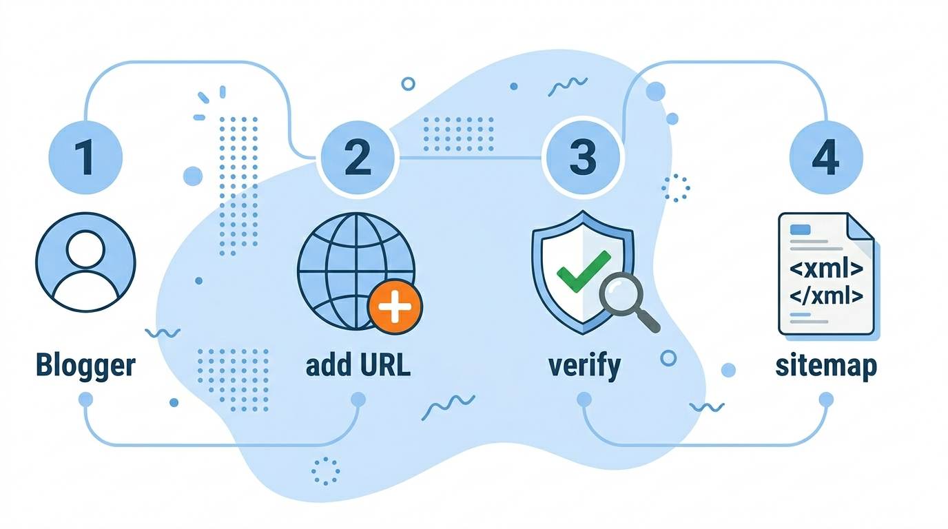 Four flat numbered steps: sign in, add URL, verify, submit sitemap β connect Blogger to Google Search Console