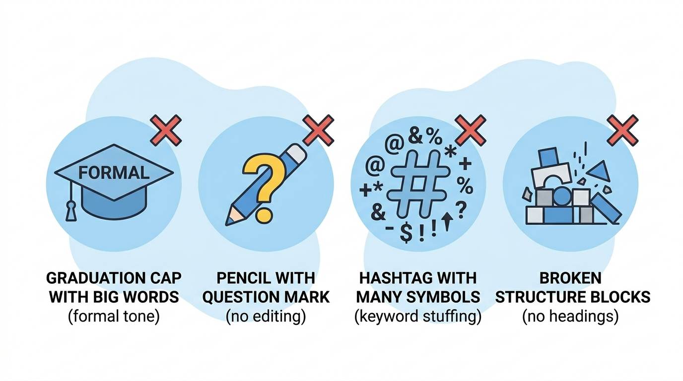 Four flat icons with red X: formal tone, no editing, keyword stuffing, no structure – common content writing mistakes