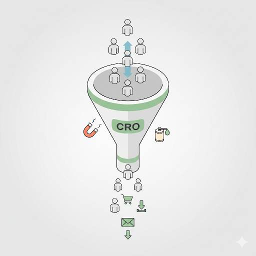 explaining Conversion Rate Optimization (CRO) for beginners, showing a funnel where website visitors are guided and optimized into taking desired actions