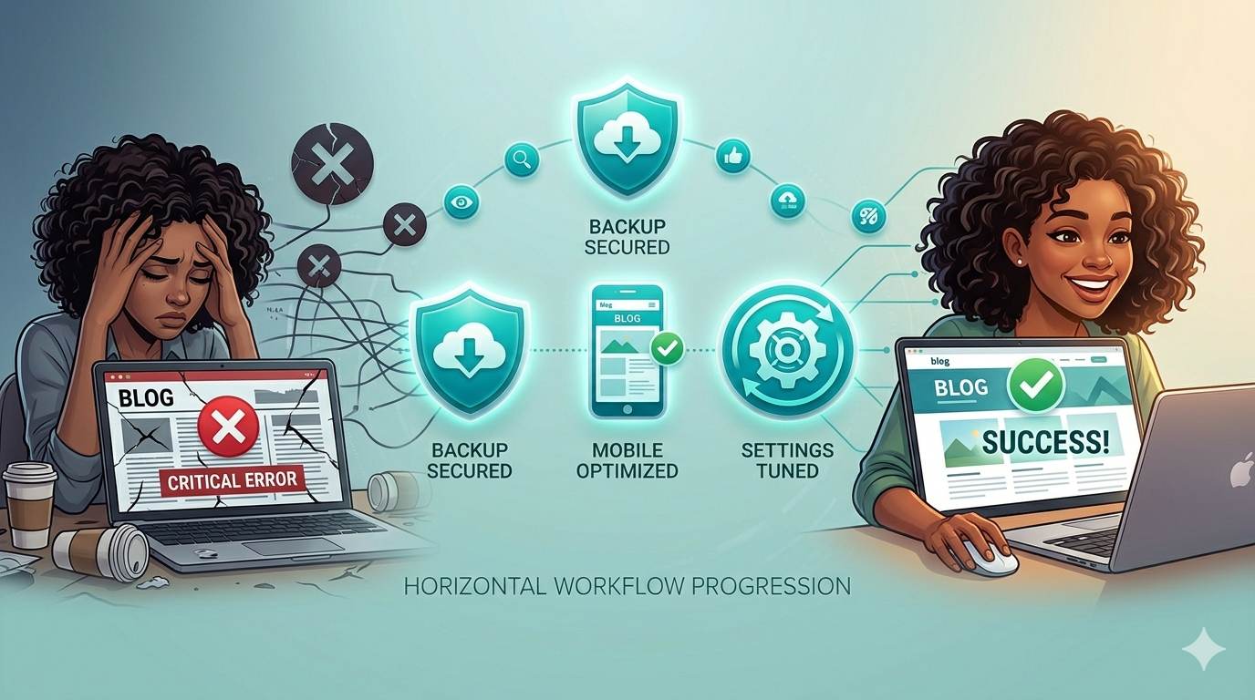 Person looking at broken blog on laptop with error message, then smiling with fixed blog – journey from broken to beautiful