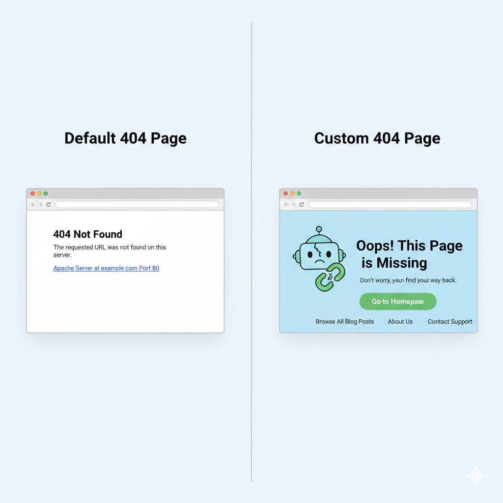Default 404 page vs custom 404 page comparison
