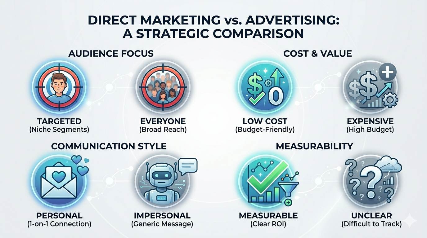 Comparison icons: target audience, cost, personalization, measurability – direct marketing vs traditional ads