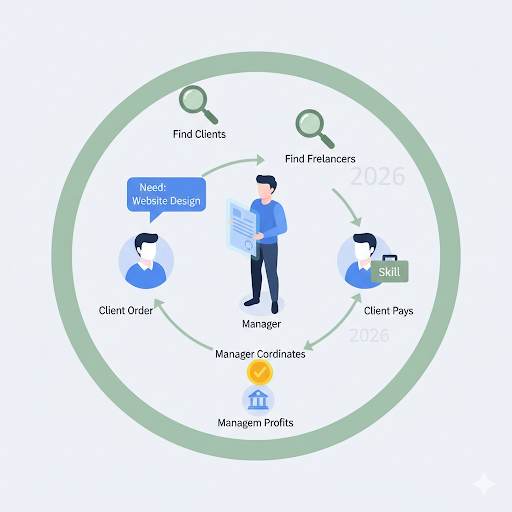 drop servicing in 2026, showing how to start without skills by acting as a manager who connects clients with skilled freelancers for a fee