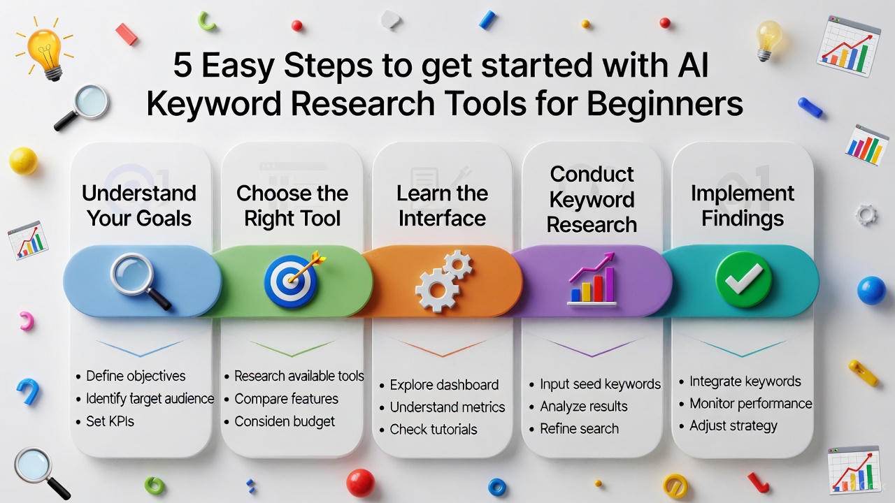 Infographic of 5 easy steps to get started with AI keyword research tools for beginners, including picking a niche and reviewing suggestions