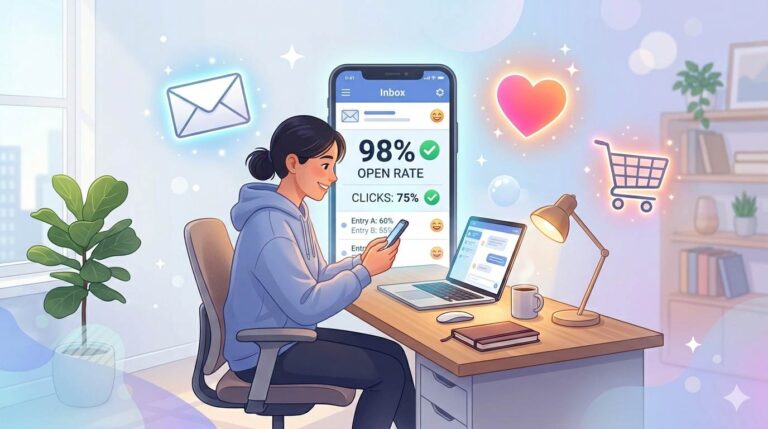 Person checking email analytics with high open rates and clicks – symbolizing email marketing success.