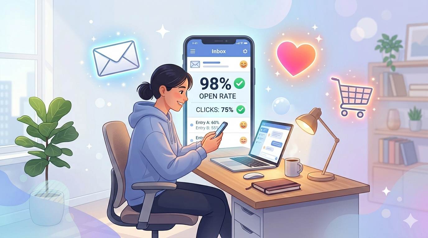 Person checking email analytics with high open rates and clicks – symbolizing email marketing success.