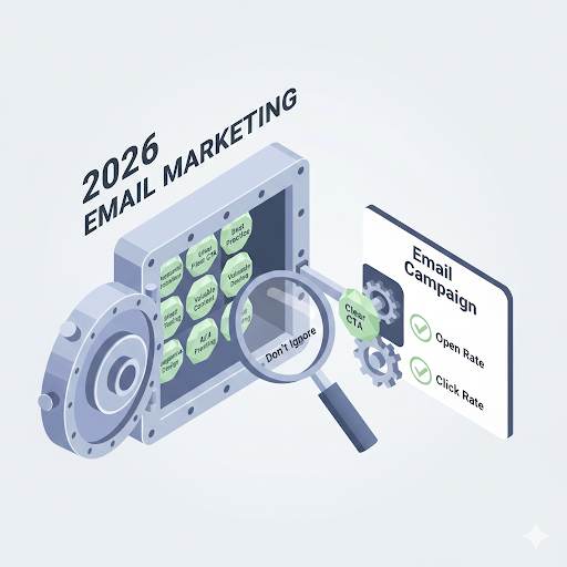 highlighting 10 email marketing best practices you shouldn't ignore in 2026, shown as valuable gems that power a successful campaign machine