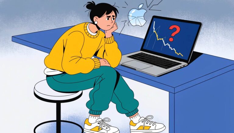 Person looking at broken open rate graph with Apple logo and confused expression – brutal truth about open rates in 2026
