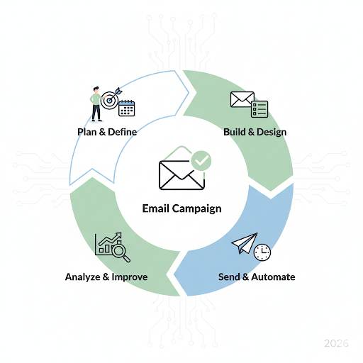 explaining an email marketing campaign for 2026, showing the complete cycle from planning and building to sending and analyzing