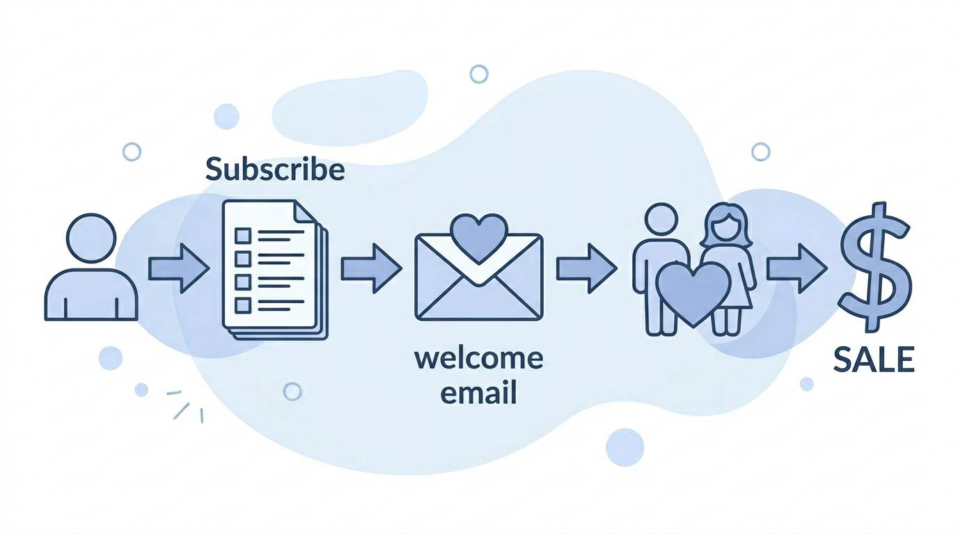 Flat flow diagram showing: subscribe β email list β welcome email β relationship β sale β what is email marketing