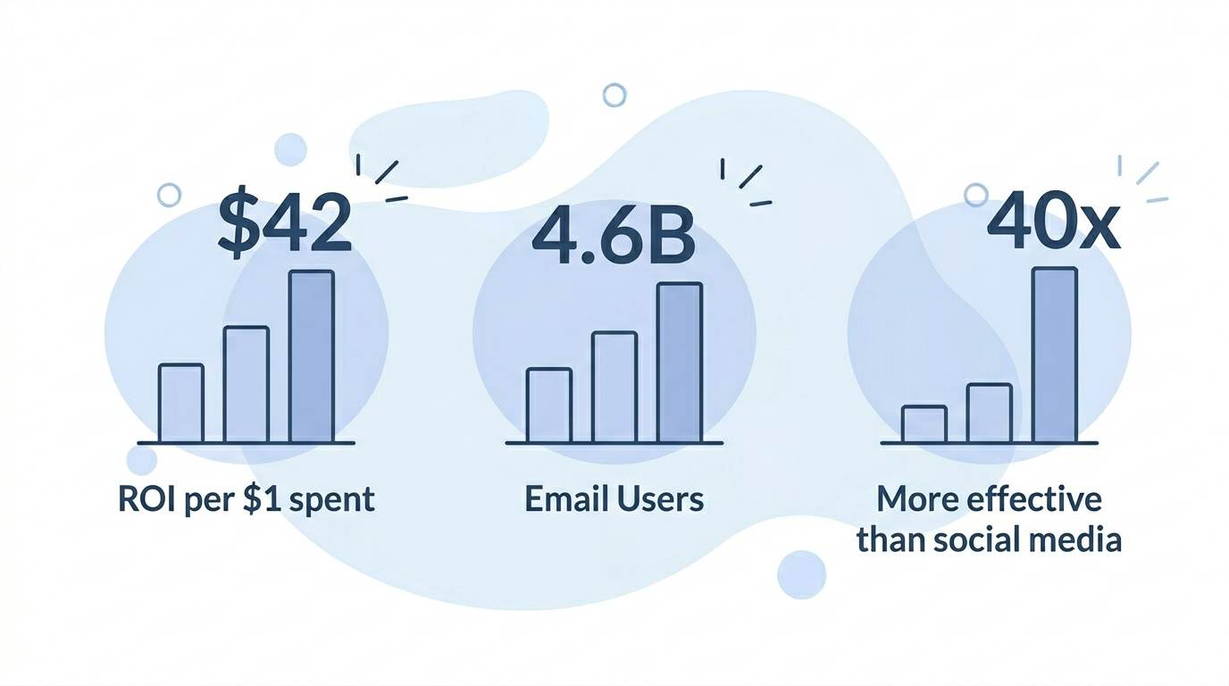 Flat bar charts showing $42 ROI per $1 spent, 4.6 billion users, 40x more effective than social media